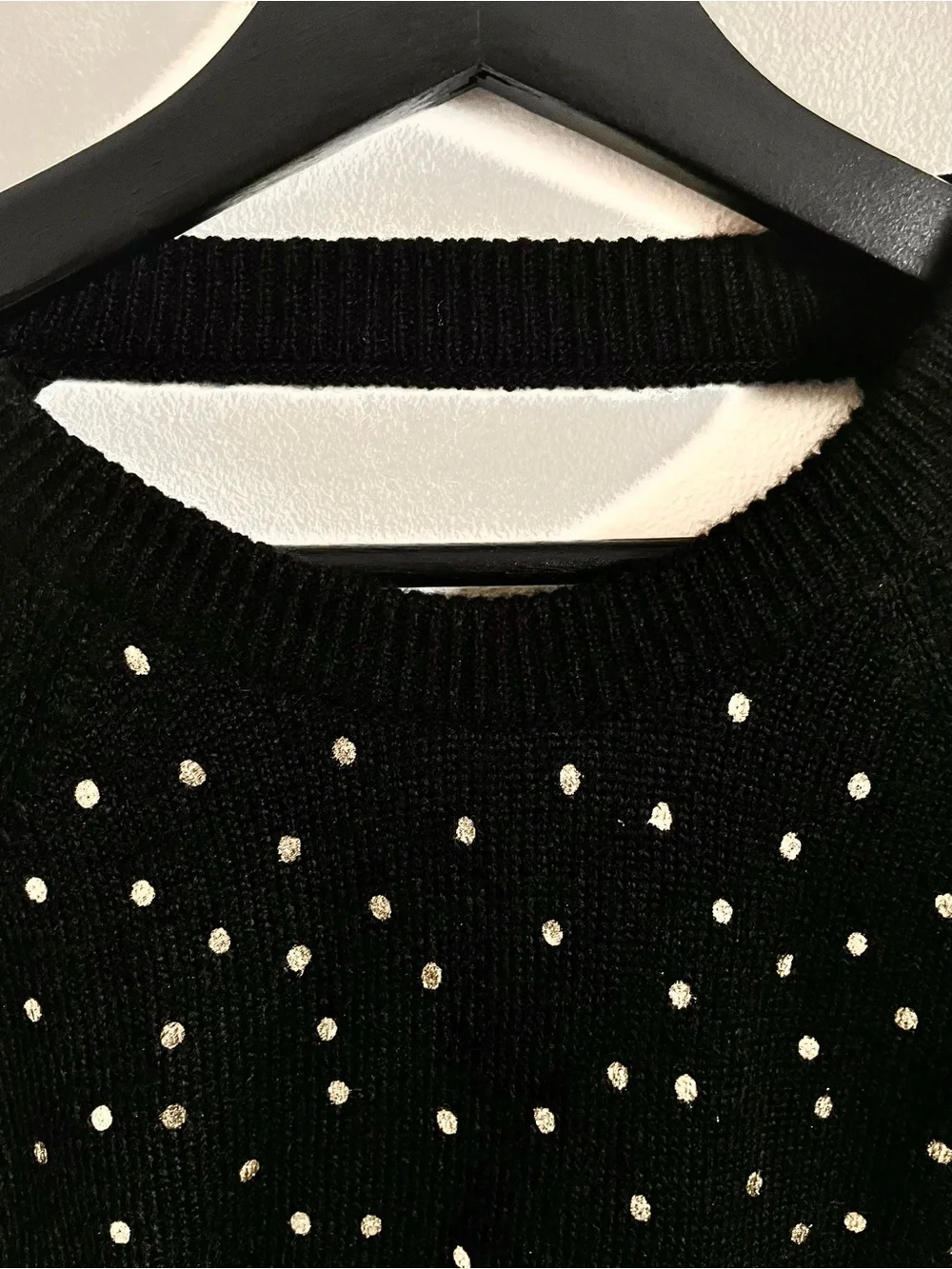Loft Black Crew Neck Sweater With Gold Metallic Polka Dots Size XS EUC